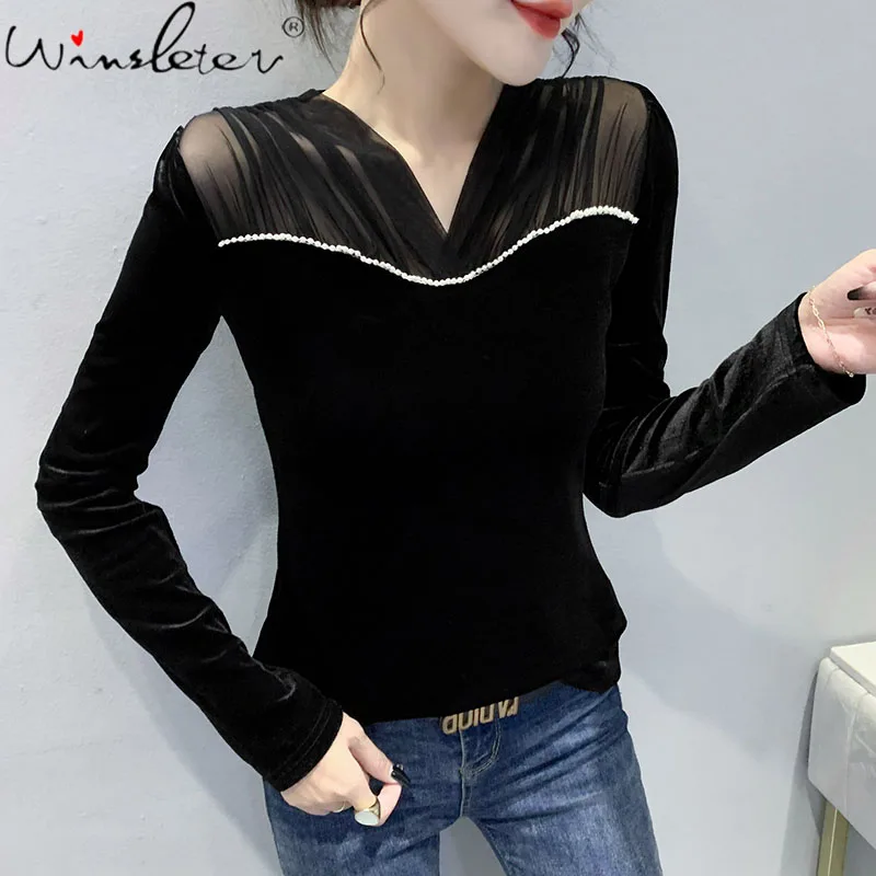 

Осенне-зимняя женская футболка MadBlack, шикарные бархатные сетчатые Прозрачные топы с отверстиями, облегающая блузка с длинным рукавом Tees T1N834A