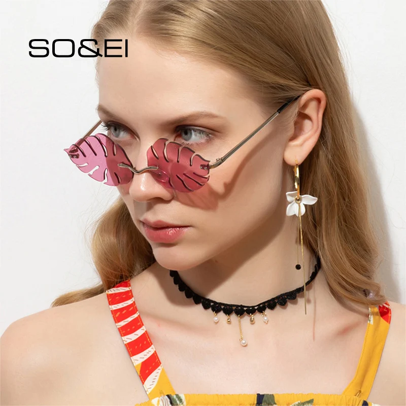

SO&EI Fashion Unique Leaf Shape Rimless Woman Sunglasses Vintage Candy Color Lens Eyewear Brand Designer Female Sun Glasses