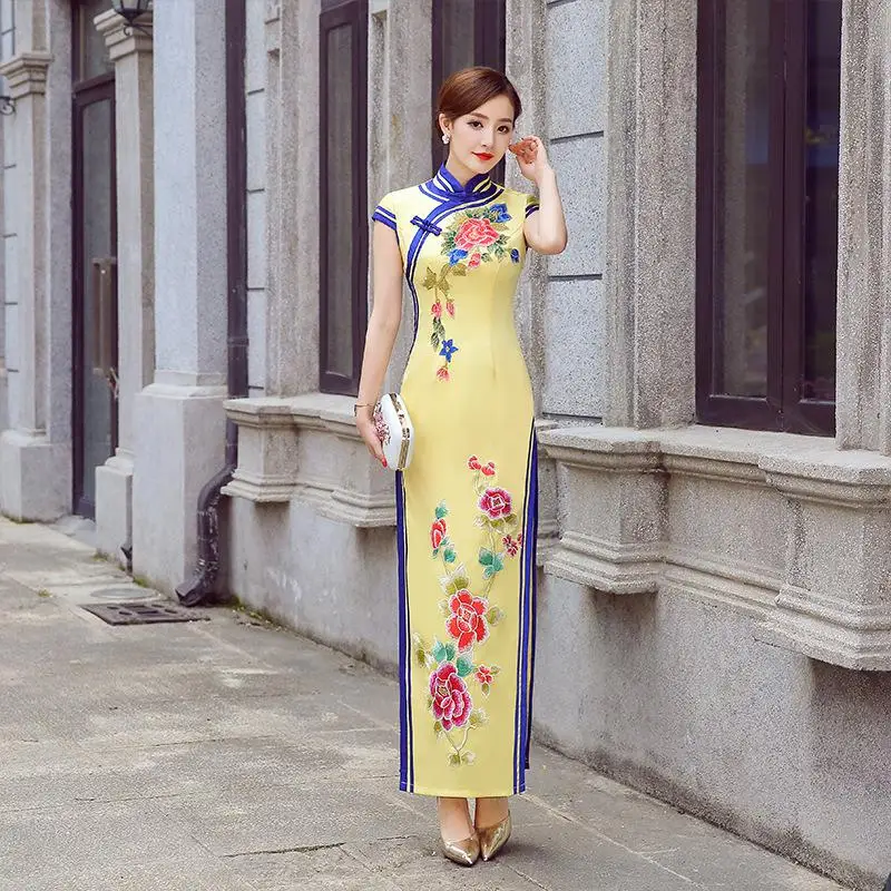 

Желтые женские вечерние платья, восточные женские платья Cheongsam, элегантный в китайском стиле, Длинные Qipao, сексуальные тонкие свадебные плат...