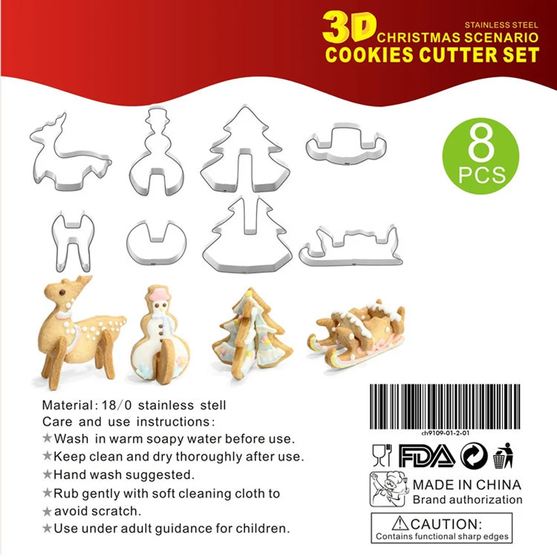 8pcs 3D stainless steel biscuit mold Cake Cutters Christmas Gingerbread House Tree Decorating Baking Tool |