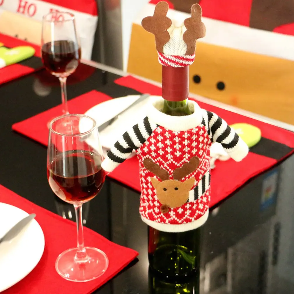 

Wine Bottle Covers Elk Christmas Bag Holiday Santa Claus Champagne Bottle Cover Red Merry Christmas Table Decorations