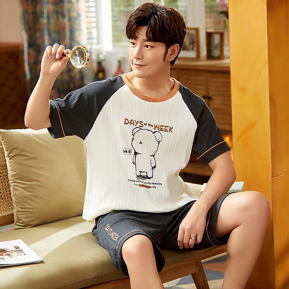 

Summer Thin Plus Size Pijama Men Summer Pajama Lovely Cartoon Bear Print Male Pajamas Fashion Patchwork Pajama Sets Home Wear