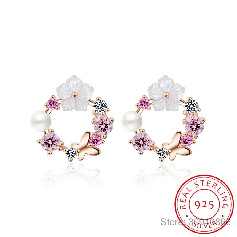 

Real 925 Sterling Silver Earrings Pretty Butterfly Colorful Flowers+White Peal Cubic Zirconia Crystal Jewelry Brincos For Women