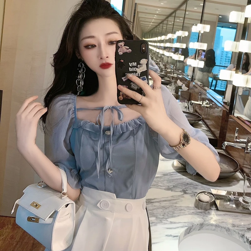 

Блузка женская шифоновая с квадратным вырезом, милая элегантная рубашка с рукавами-фонариками, топ с бантом на завязках, на лето