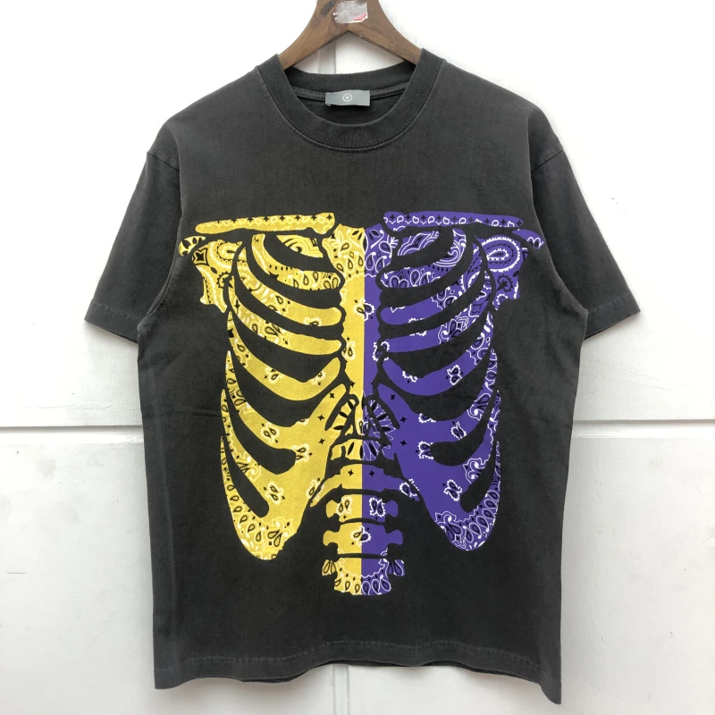 

KAPITAL Heavy Cotton Vintage T-shirt Men Women Cashew Flower Skeleton Print Casual T Shirt 2021 New Hip Hop Streetwear Top Tees