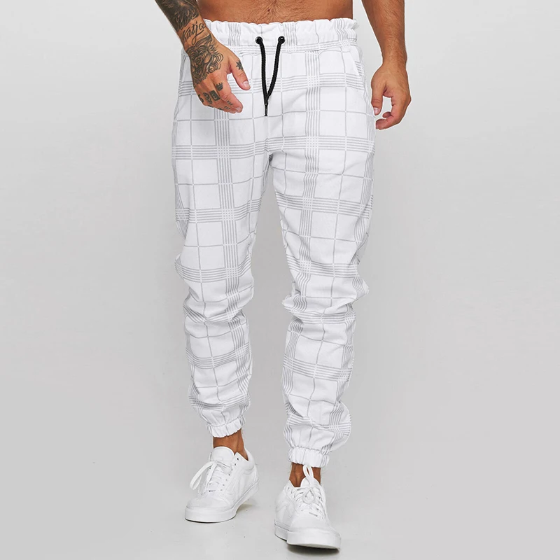 

2021 New Casual Autumn Mid Waist Drawstring Pants Mens Fashion Plaid Printed Slim Fit Jogger Trousers For Men Vintage Streetwear