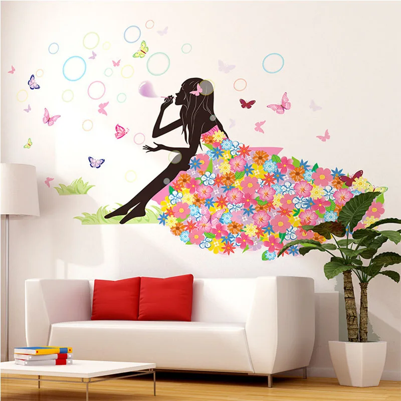 

Cute Butterfly Flower Girl Wall Stickers For Kids Room Girls Bedroom Living Room Bubble Skirt Elf Fairy Sticker Mural Wall Decal