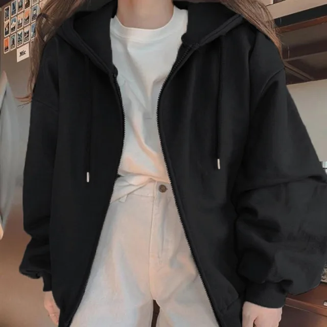 

Casual Women's Hoodie Long Sleeve Black Harajuku Style Zip Top Down Jacket Fall 2021