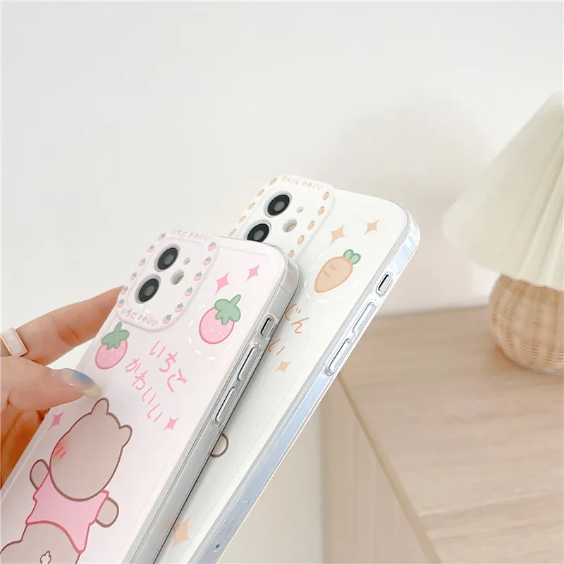 

Cute Cartoon Rabbit Bear Phone Case For iPhone 11Pro 12 XR X XS MAX SE20 7 8 Plus Summer Fruit Soft Silicone Cover Coque