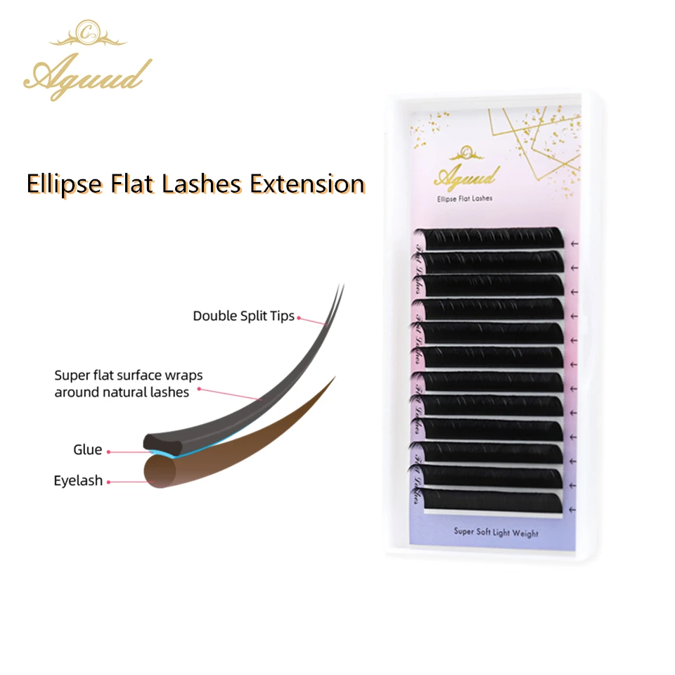 AGUUD Ellipse Flat Lashes Natural Soft Split-tips Y shape False Flat Eyelashes Professional Deep Black Matte Faux Mink Flat Lash