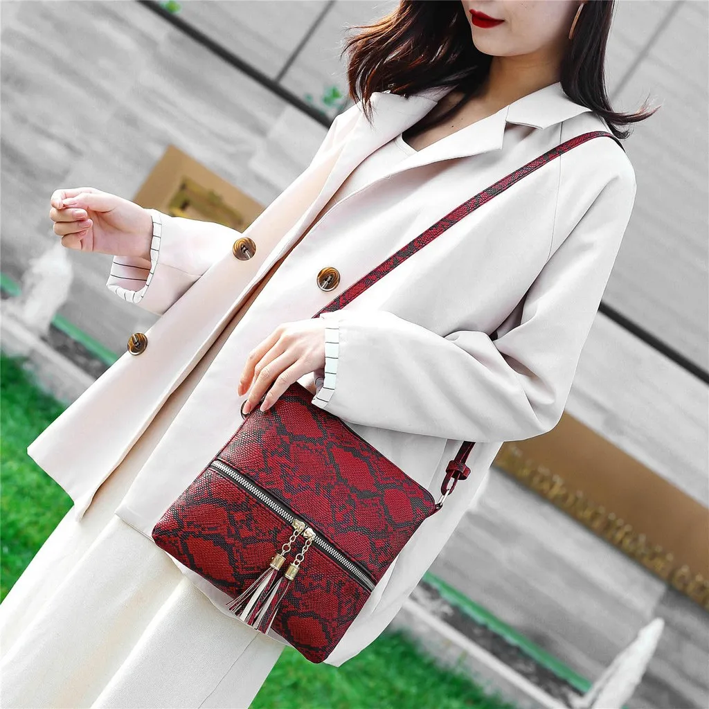 Fashion Women Tassel Snake Printing Zipper Messenger Bag Handbag Shoulder Bag Elegant Small Square Bags#YJ