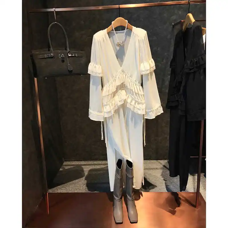 

DEAT 2021 new summer fashion women clothes ruffles thin high waist pullover straight long dress female vestido WS63100L