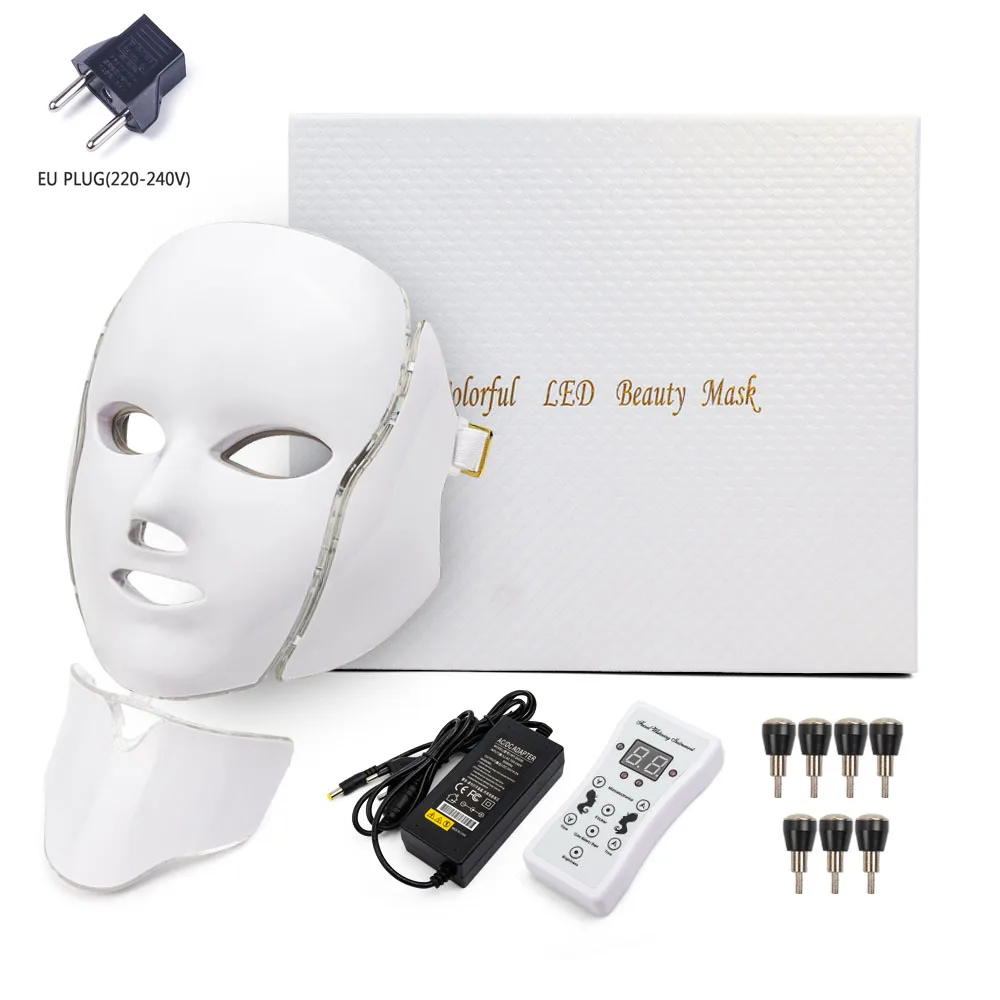 EU PLUG WITH BOX Светодиодная маска для лица, 7 цветов, светодиодная Корейская фотонная терапия, маска для лица, машинный светильник, терапия акне, маска для шеи, красивая светодиодная маска - Цвет: EU PLUG WITH BOX