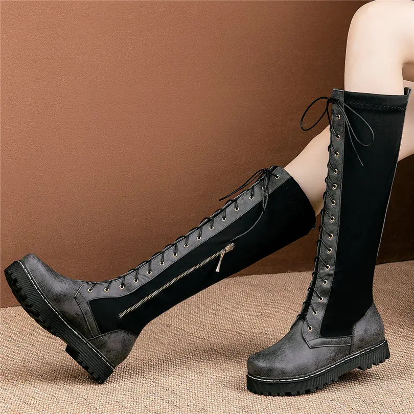 Fashion Sneakers Women Lace Up Stretch Fabric Round Toe Mid Calf Military Boots Female Low Heel Platform Oxfords Casual Shoes