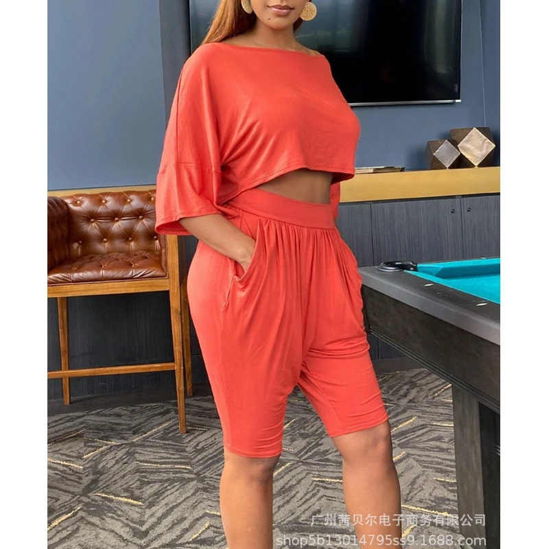 

WEPBEL Women's Casual Solid Color Loose Suit Summer High Waist Pleated Pocket Shorts + O-Neck Three Quarter Sleeve Top Suit