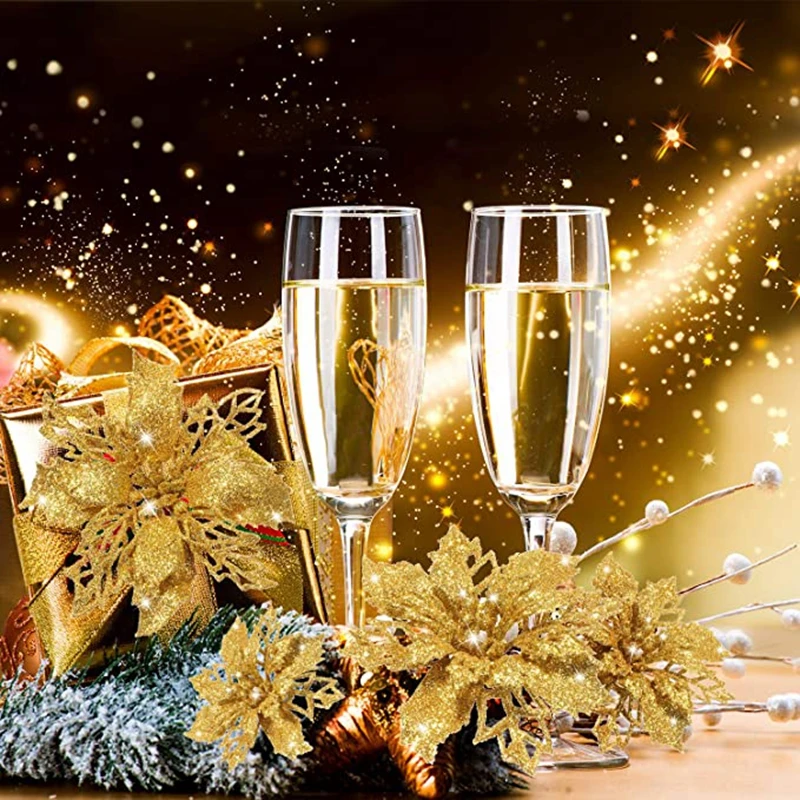 Искусственные Рождественские цветы 12 шт./лот украшение из блестящих цветов и