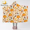 BlessLiving Pumpkins Hooded Blanket Golden Leaves Throw Blanket Autumn Sherpa Fleece Pine Cones Wearable Blanket Cozy Cobertor 1