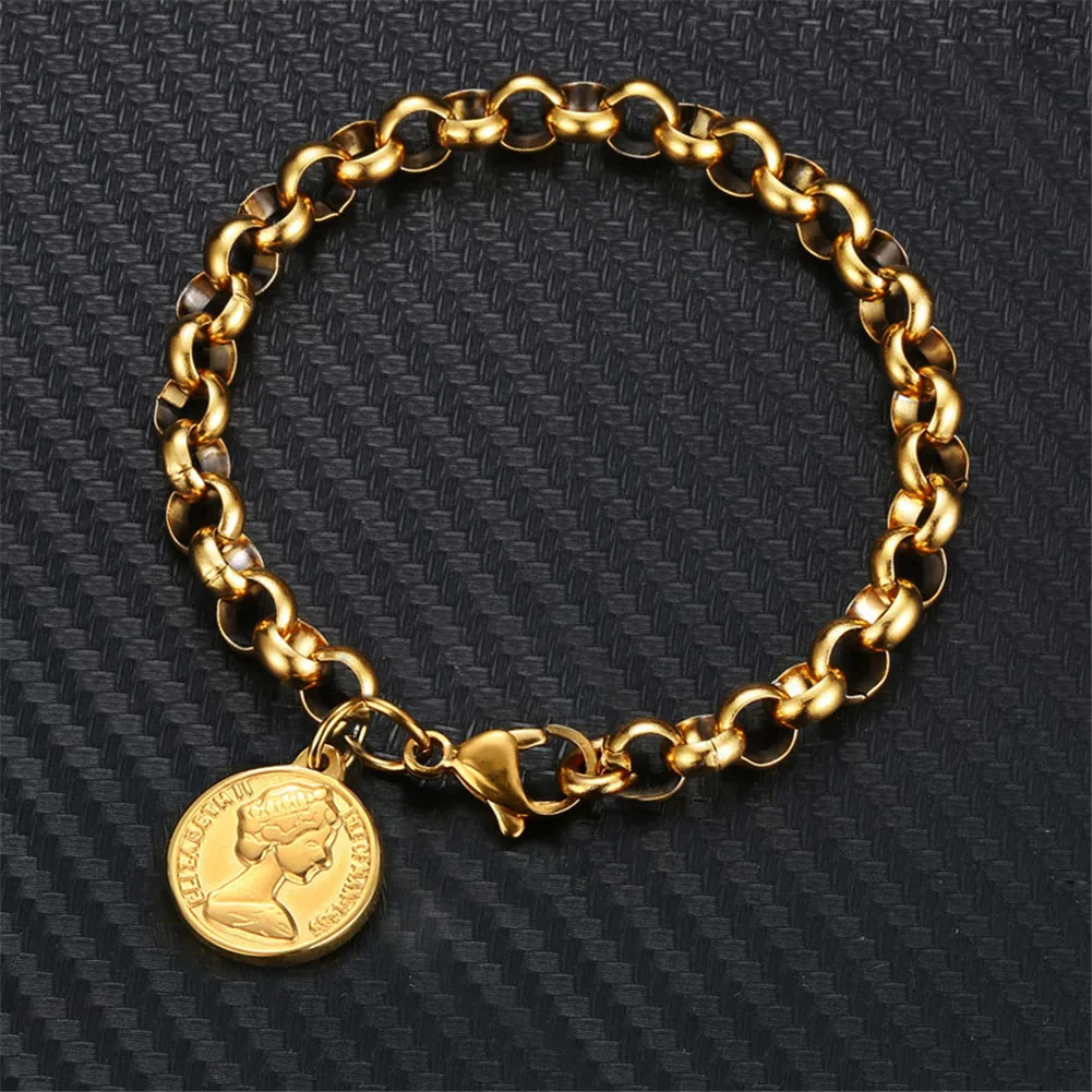 

3 Color Stainless Steel Round Bone Chain Coin Charm Bracelet For Woman Girls Fashion Jewelry Valentine's Day Gift