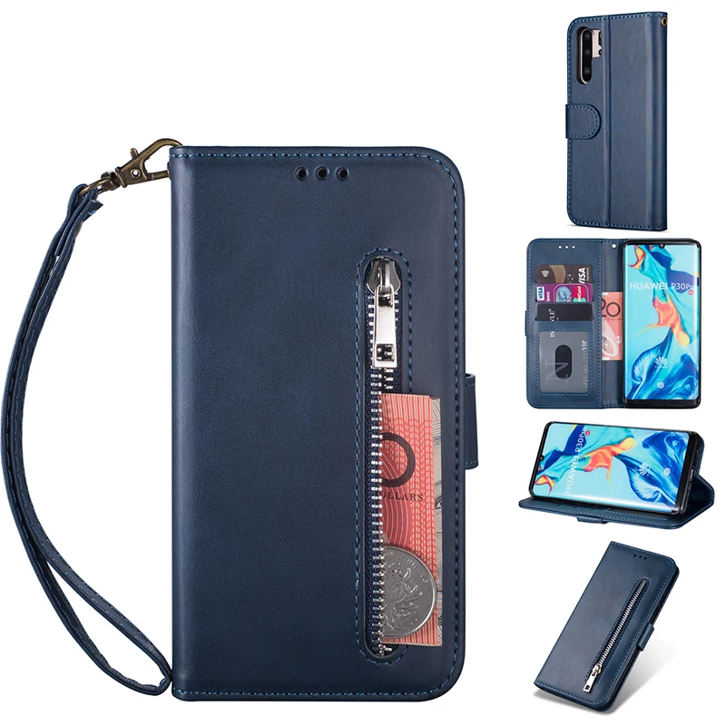 Blue Для huawei P20 Lite P30 Pro Mate10 20 Lite P Smart Y6 Y7 кожаный чехол-кошелек на молнии с откидной крышкой и подставкой для карт чехол для телефона - Цвет: Blue