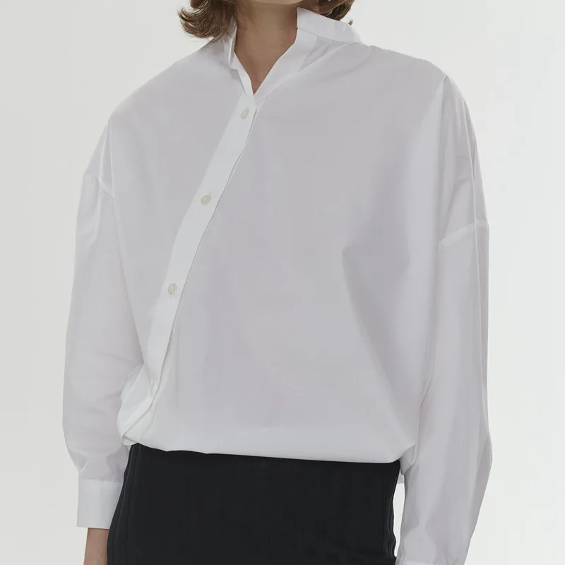 Асимметричная хлопковая рубашка большого размера с воротником стойкой длинными