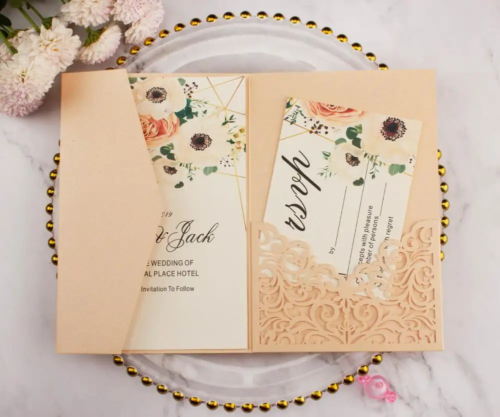 

10pcs Elegant Burgundy Trifold Pocketfolds Laser Cut Wedding Invitations Customizable Trifold Pocket Card Gatefold For Party