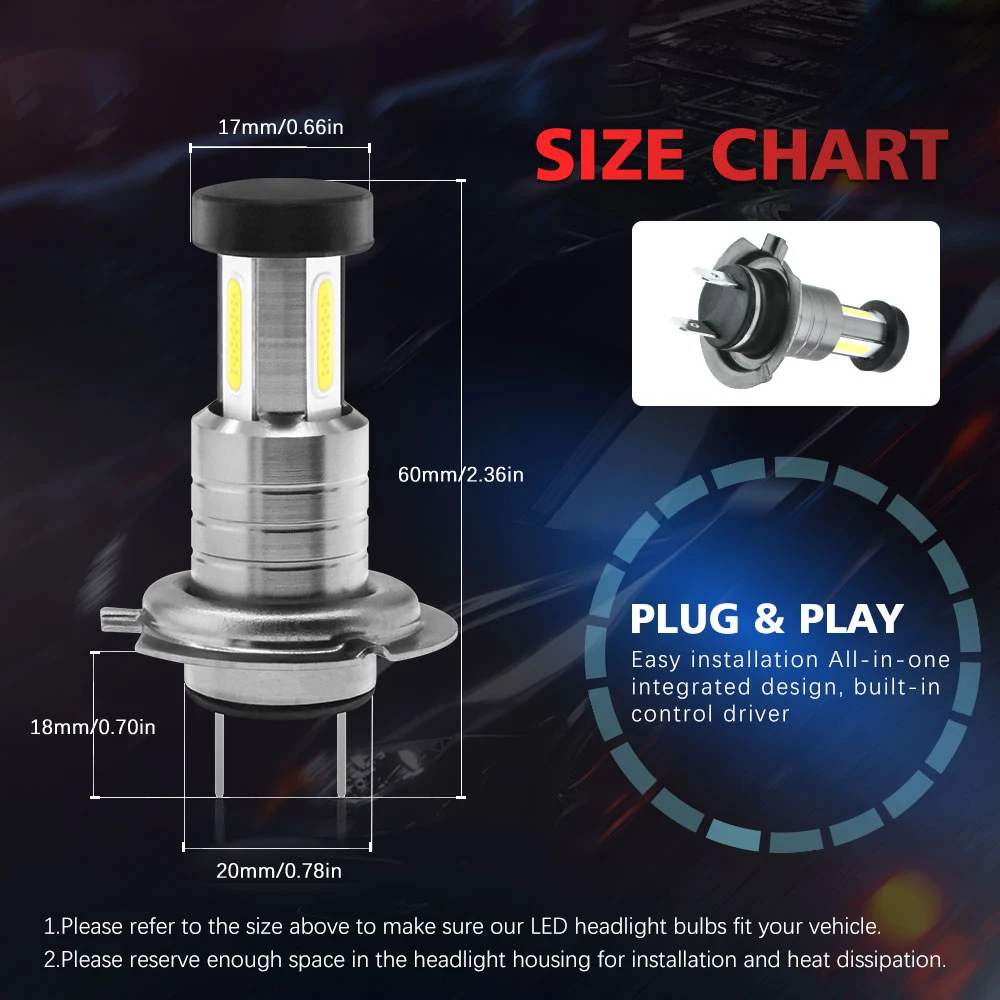 

2PCS Car Lights H7 26000LM High Power Three-Sided LED Chips Headlight 6000K Lamp Universal COB Mini Auto Bulbs 110W/Set 9V 12V