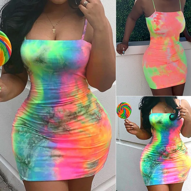 

Sexy Tie Dye Mini Dress Women Spaghetti Strap Dresses Summer Fashion 2020 Streetwear Neon Slim Skinny Sleeveless Dresses