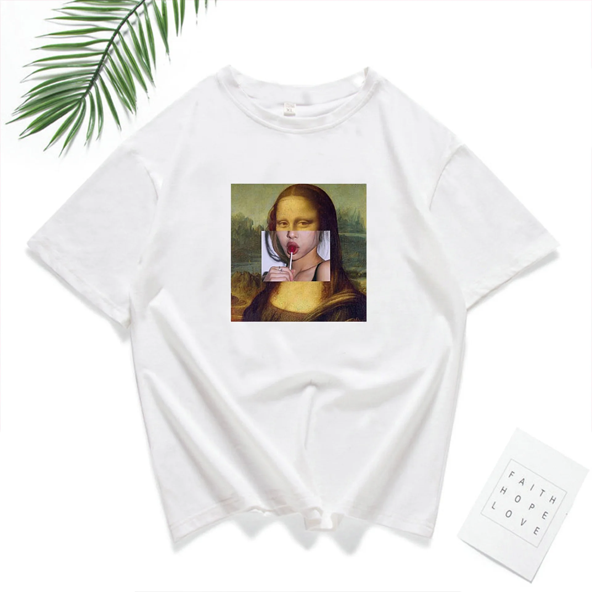 Женская футболка с принтом Моны Лизы белая коротким рукавом в стиле Харадзюку