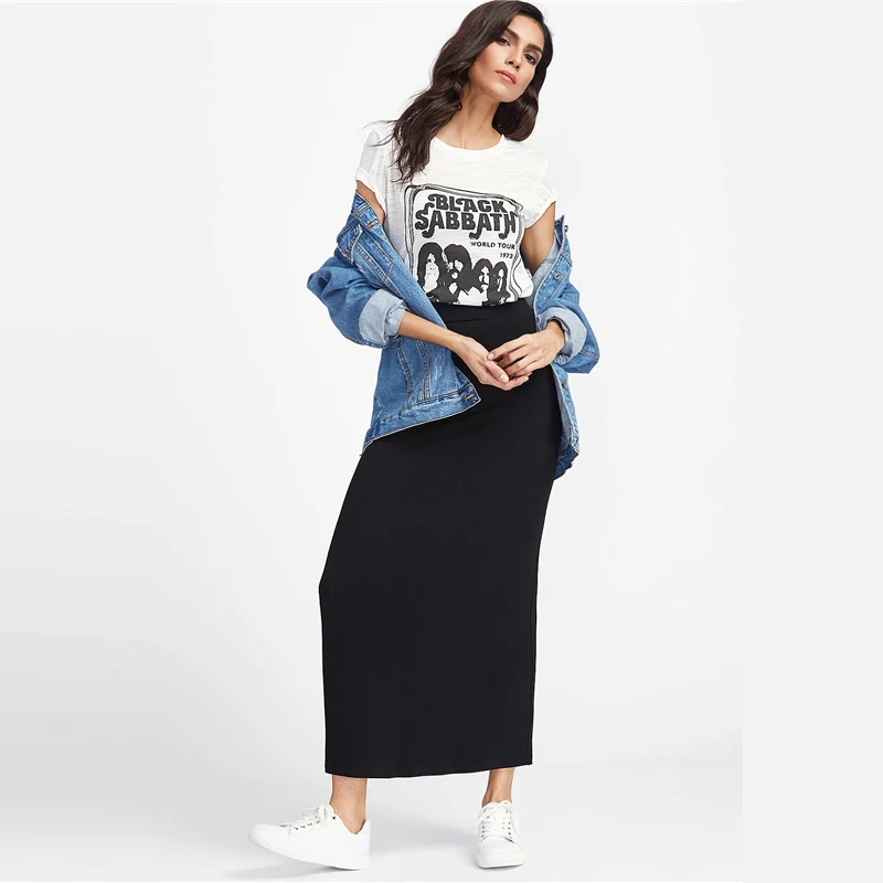 SweatyRocks черная длинная трикотажная юбка с эластичной резинкой на талии уличная облегающая макси юбки Женские однотонные повседневные Прямые юбки