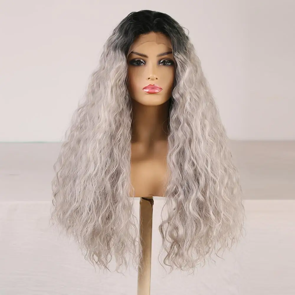 RONGDUOYI Long Ombre Gray Synthetic Lace Front Wigs for Black Women Kinky Curly Wig Two Tone High Temperature Cosplay | Шиньоны и