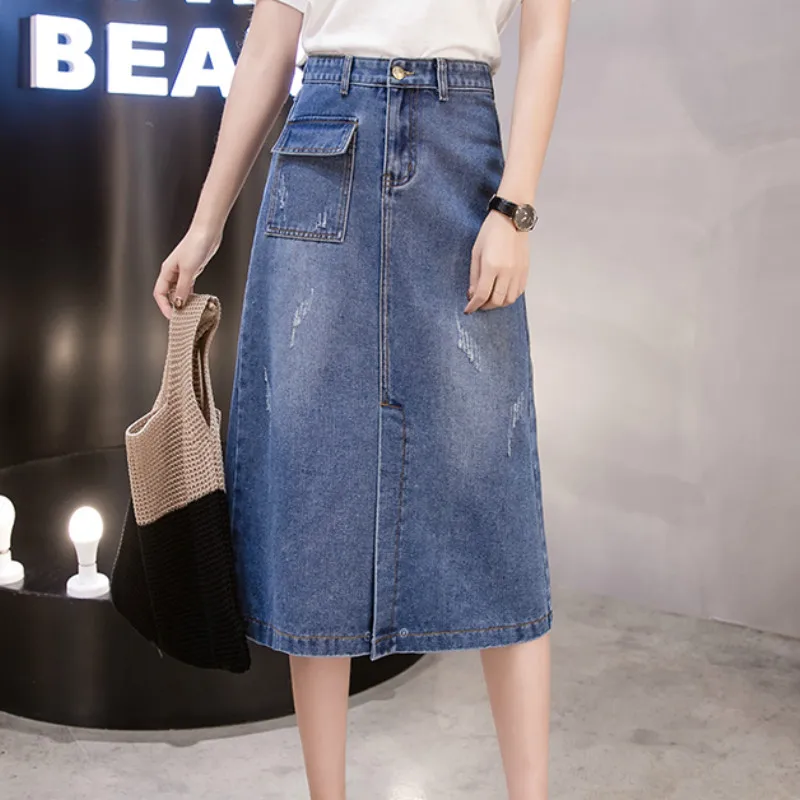 Женская джинсовая юбка ниже колена с разрезом | одежда