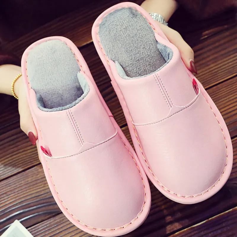Plus size 45/46 Unisex home slippers women winter leather shoes microfiber high quelity female house slippers short plush shoes - Цвет: Pink