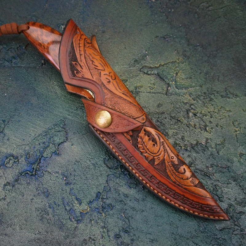 

TURENZ-Full Tang Damascus Steel Fixed Blade Knife Embossed Handle Hunting Knife Tactical Knife Survival Tools With Sheath