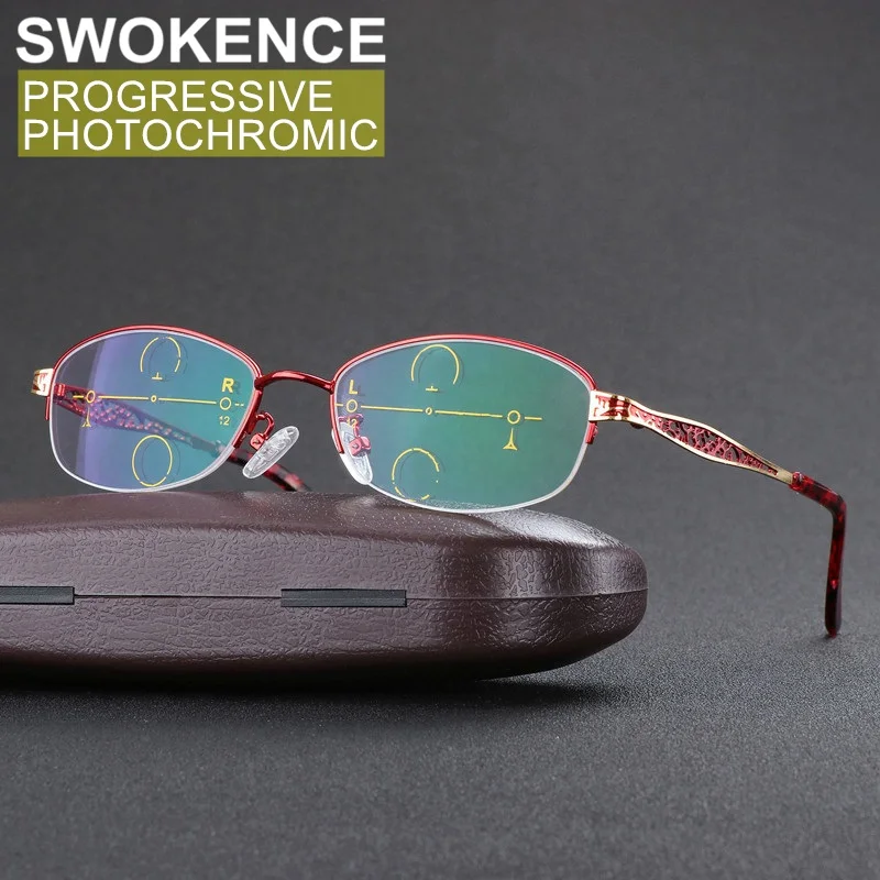 

SWOKENCE Photochromic Progressive Reading Glasses Women Elegant Half Frame Dual-purpose Presbyopic Spectacles +100 TO +300 R015