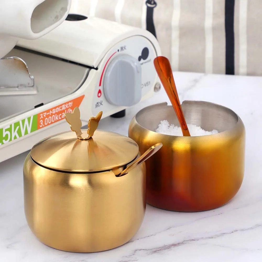 

Kitchen Stainless Steel Gold Seasoning Condiment Pot Lovely Design Spice Salt Sugar Container Pepper Jar Tool with Lid and Spoon