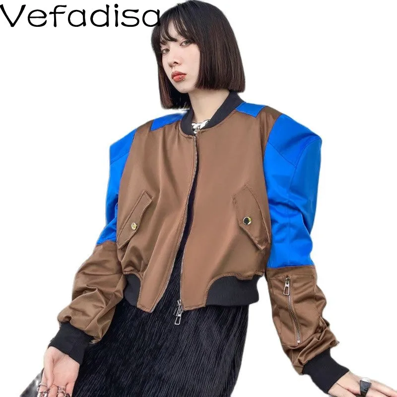 

Vefadisa 2021 Autumn New Women Clothing Stitching Contrast Short Jacket Loose Slim Zipper Jacket TT311