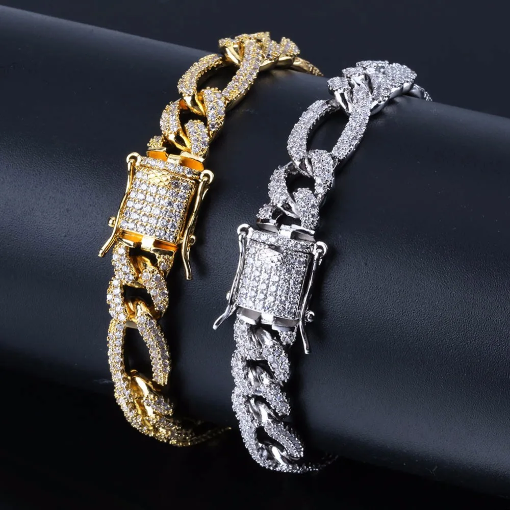 

Men's Miami Cuban Bracelet Hip Hop Bling Iced Out Paved Rhinestones CZ Rapper Bracelets Jewelry Gold Silver Color 7inch 8inch