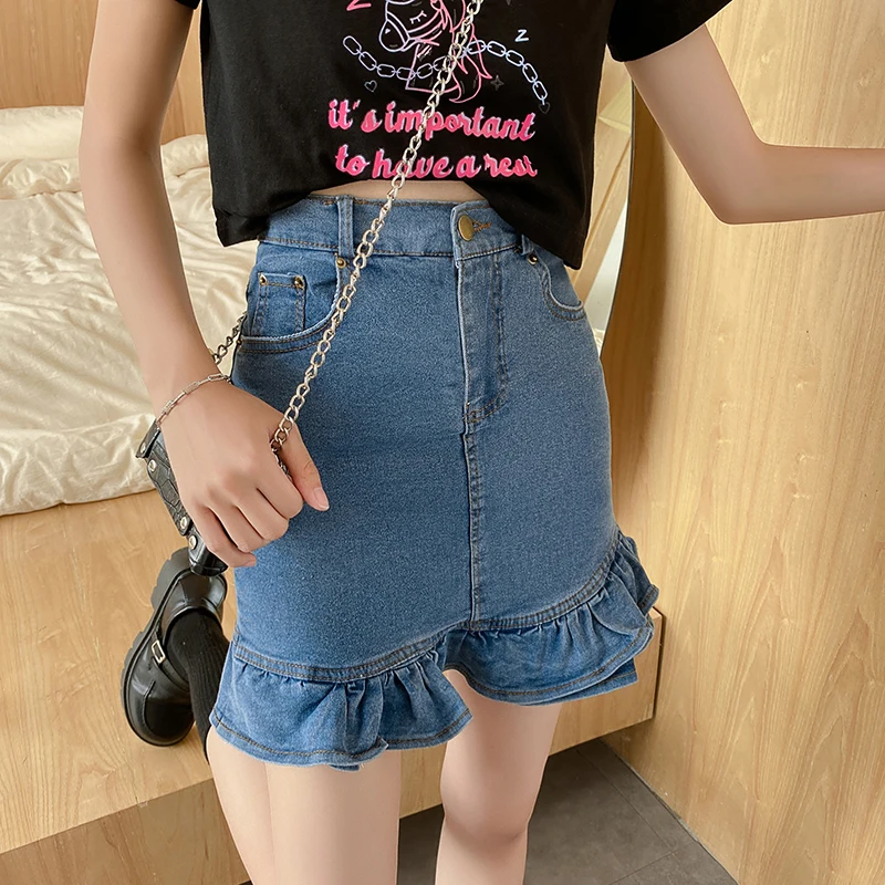 

Ruffle denim skirt for women 2021 summer new high waist hot girl A-line short with buttocks