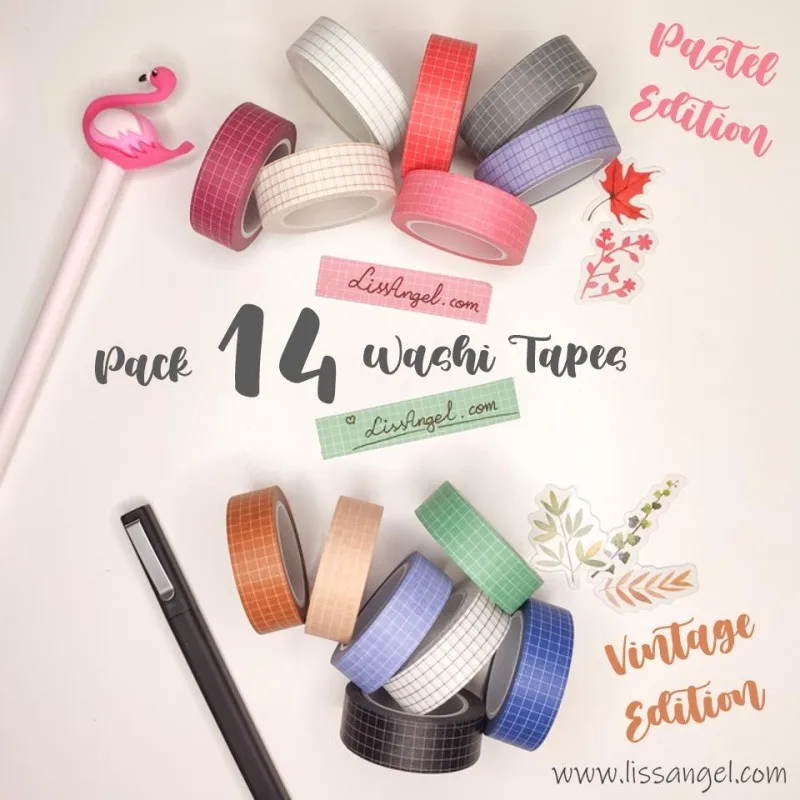 Súper Pack 14 Washi Tape Cuadrícula Rejilla de Colores - Pastel + Vintage | Scrapbooking Manualidades