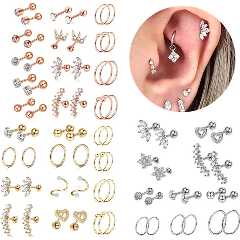 Набор серег для пирсинга хрящевых тканей из нержавеющей стали с кристаллами