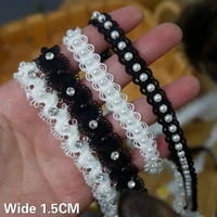 1 5cm wide white black cotton micro elastic lace rhinestones beaded collar neckline trim glitter embroidered ribbon diy material