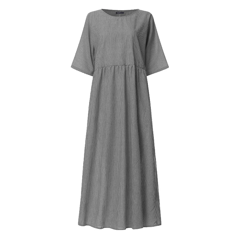 ZANZEA размера плюс Полосатое Платье женское повседневное длинное макси Vestidos винтажное летнее платье с круглым вырезом хлопковое льняное платье 5XL