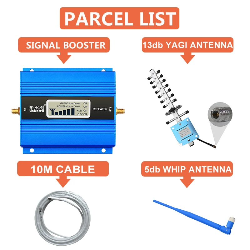 

Lintratek 3G 4G 2100 1800 Internet Amplifier Network WCDMA DCS Signal Booster Mobile Repeater Full Set With 4G Antenna+10 Cable