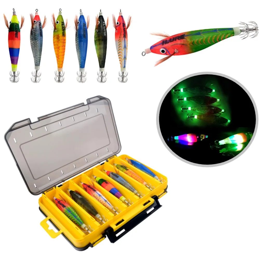 

7pcs Luminous Squid Jig Fishing Wood Shrimp Lure Squid Cuttlefish Jigs Lures Octopus Fishing Bait Tools with Storage Box