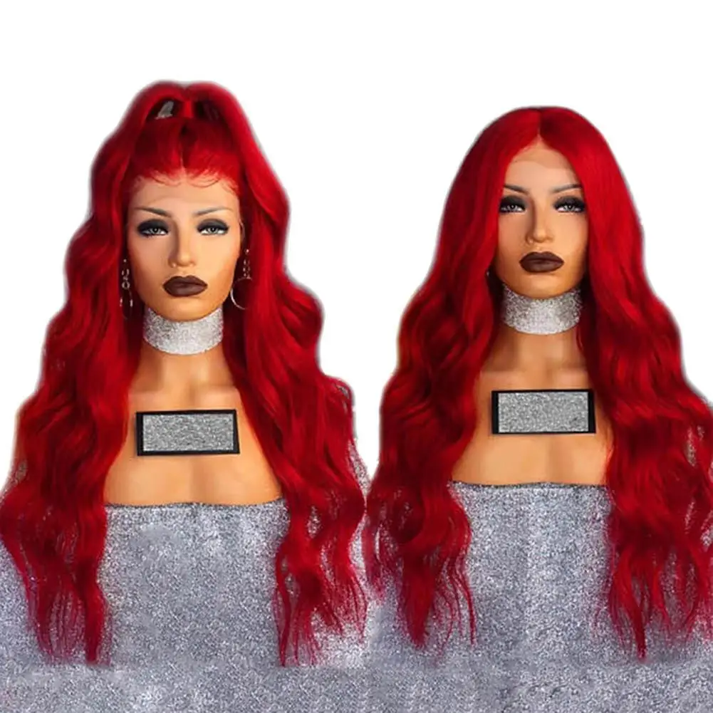 

Передние парики из человеческих волос, крупные красные волнистые волосы, парик с челкой, длинный вьющийся парик, головной убор, аксессуар дл...