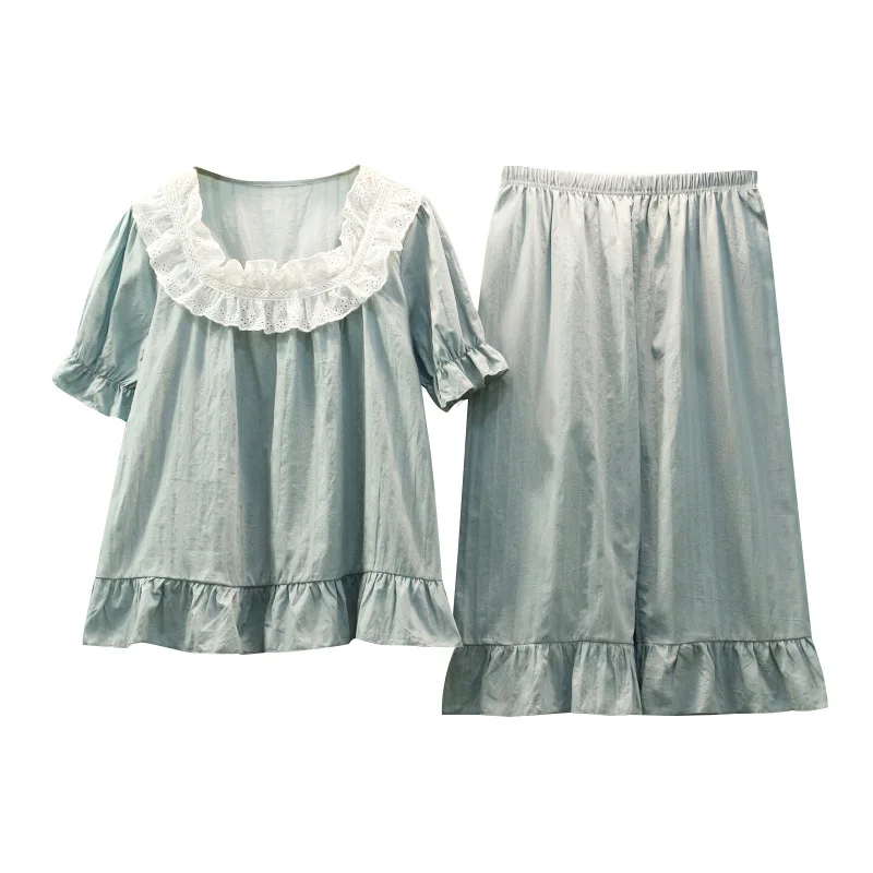 

Cotton Silk Pajamas Women Summer Pure Cotton Fashion Ladies Suit Simple Casual Short-Sleeved Home Service Pajamas Women