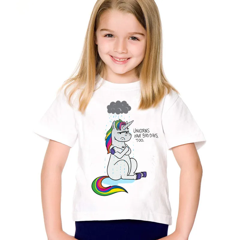 

Детские смешные футболки с мультяшным принтом «плохой день» с единорогом, детские летние футболки с коротким рукавом с лошадью, топы для ма...