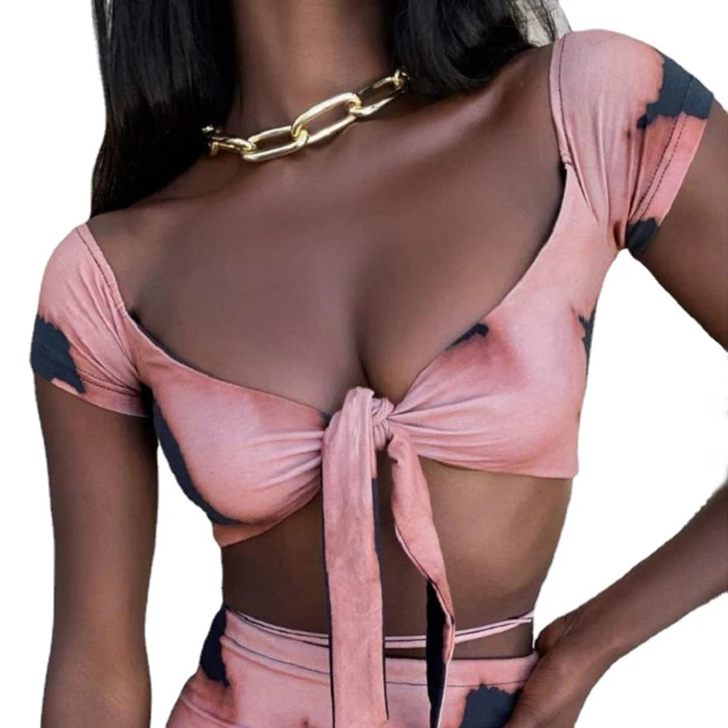 

Sexy Off Shoulder Top Women Strapless Bandage Short Sleeve T Shirt Tie Dye Crop Top Casual Slim Tops Summer Clothes For Women