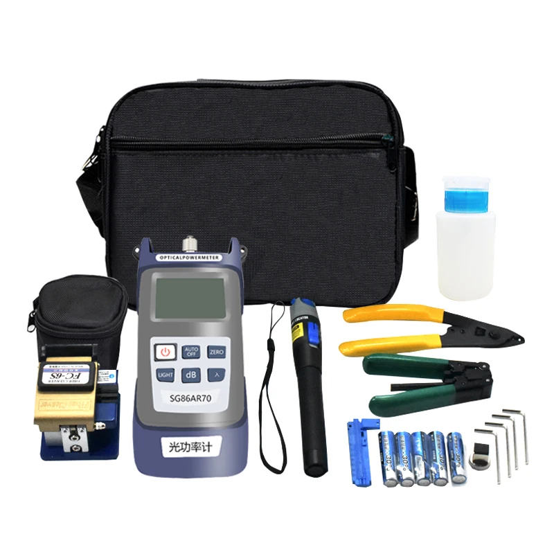 Набор для холодного соединения оптического волокна Wanglink. В комплекте: сварочная машина для оптических волокон, набор инструментов, оптический мощностной метр, красный фонарик, нож для резки.