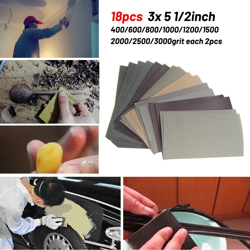 

Wet/Dry Sandpaper Set 18pcs 3*5-1/2 400/600/800/1000/1200/1500/2000/2500/3000 Grit Fine Grit